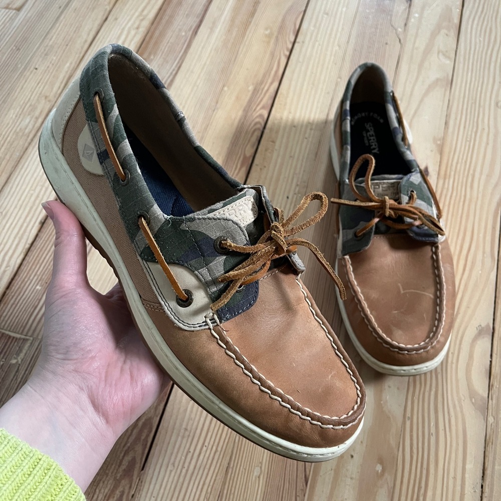 Sperry Top-Sider Womens Plaid Blue Green Tan Leather Canvas Boat Shoes Size 11